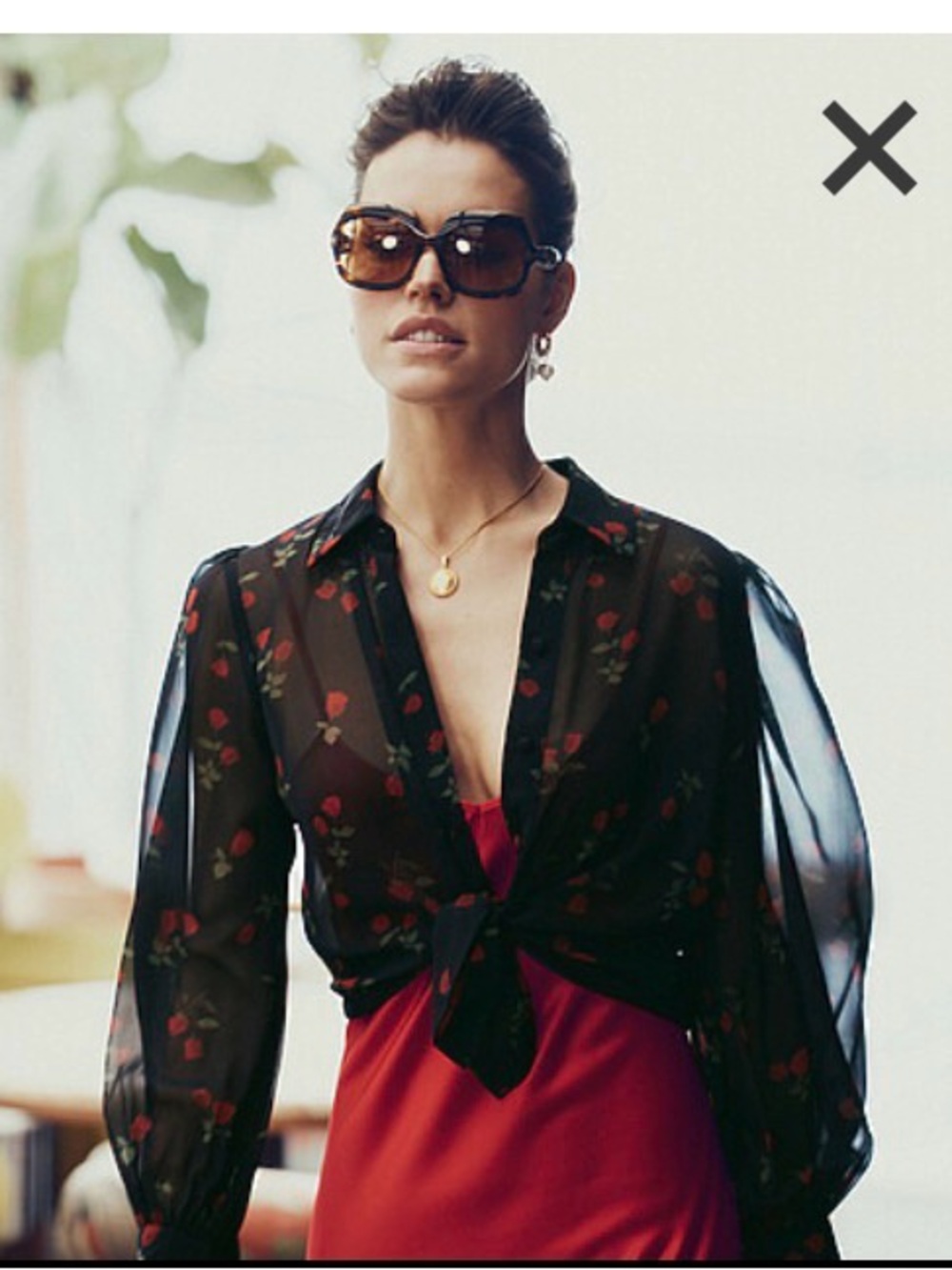 Simons Black Sheer Blouse with Red Floral Print